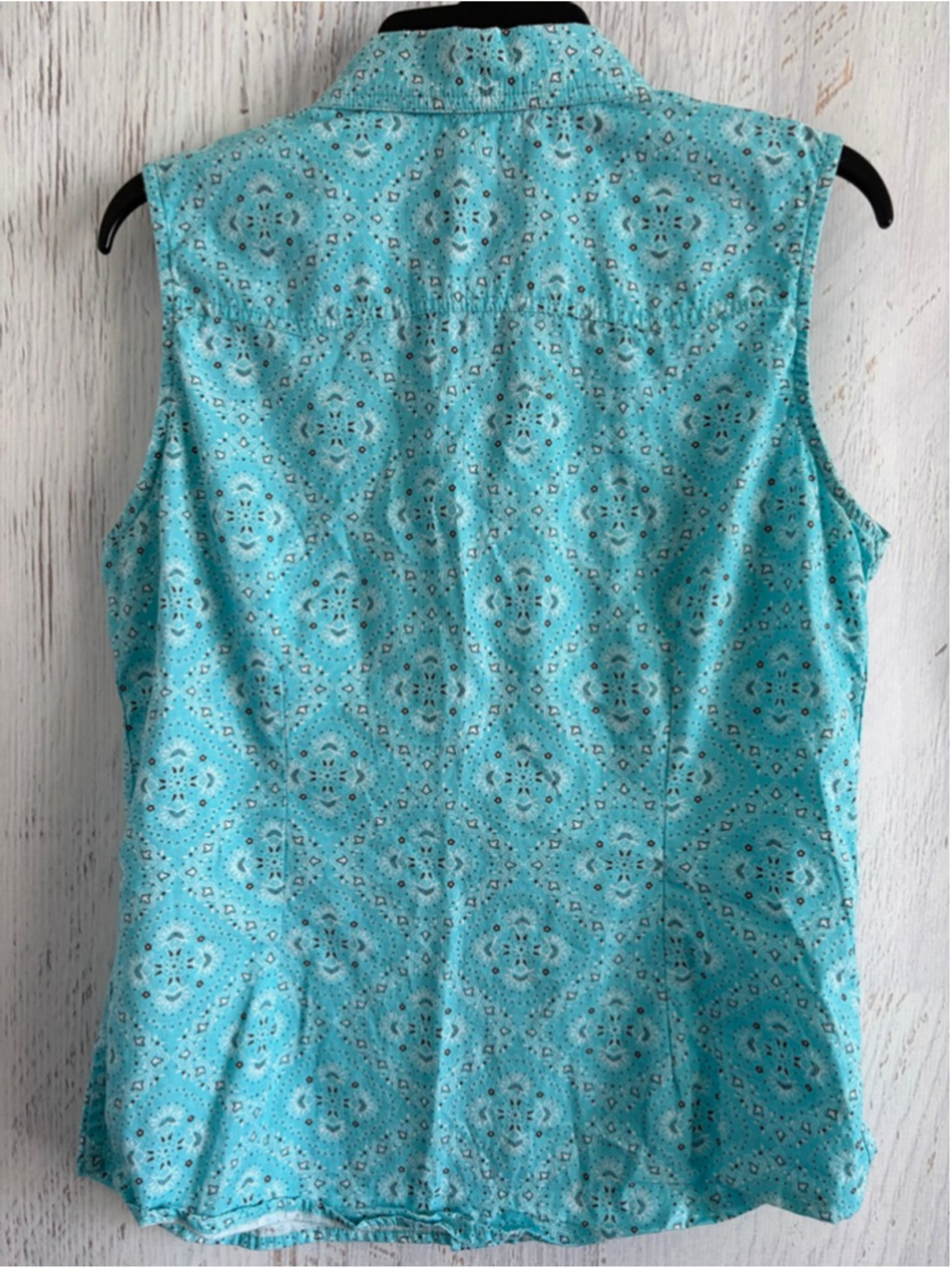Women's Panhandle Turquoise & White Bandana Print Sleeveless Button Down Shirt L - Picture 4 of 4